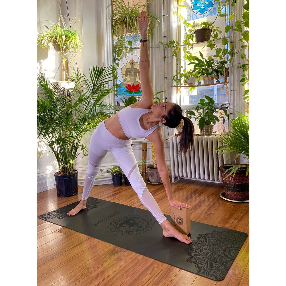 Traingle pose with the help of a cork yoga block in a studio with yoga instructor in oblong house